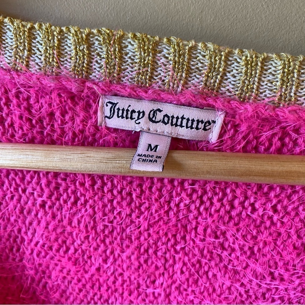 Y2K Women's Juicy Couture Pink & Gold Fuzzy Knit Sweater Size Medium Pocket - Picture 4 of 10